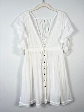 Flawless White Girly Flirty Flutter Ruffle Sleeve Drawstring Deep V Mini Dress